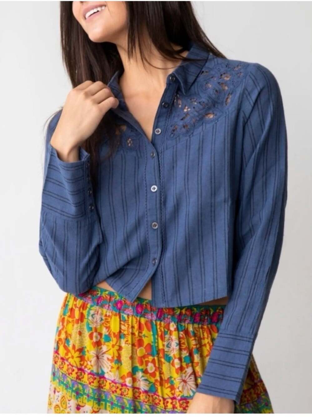 Natural Life Ana Lace Cropped Button Down Top Indigo XL Boho Prairie Cottagecore